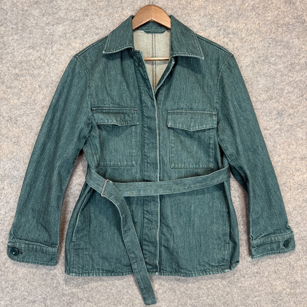 Uniqlo U Denim Shirt Jacket Adult Unisex XS Belted Chore Dark Green Pockets